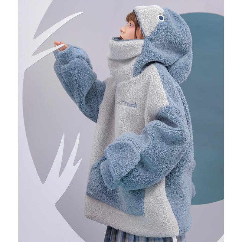 Baby Shark Embroidery Zipper Letter Plush Hoodie