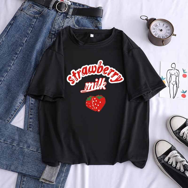 Strawberry Milk T Shirt Women Summer Harajuku Kawaii Cartoon Print Tee Shirt Femme Korean Style Casual Short Sleeve Tops Clothes alx