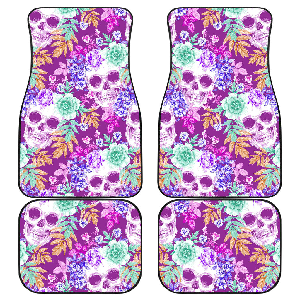 Neon Skull Floral Pattern Print Front And Back Car Floor Mats, Front Car Mat