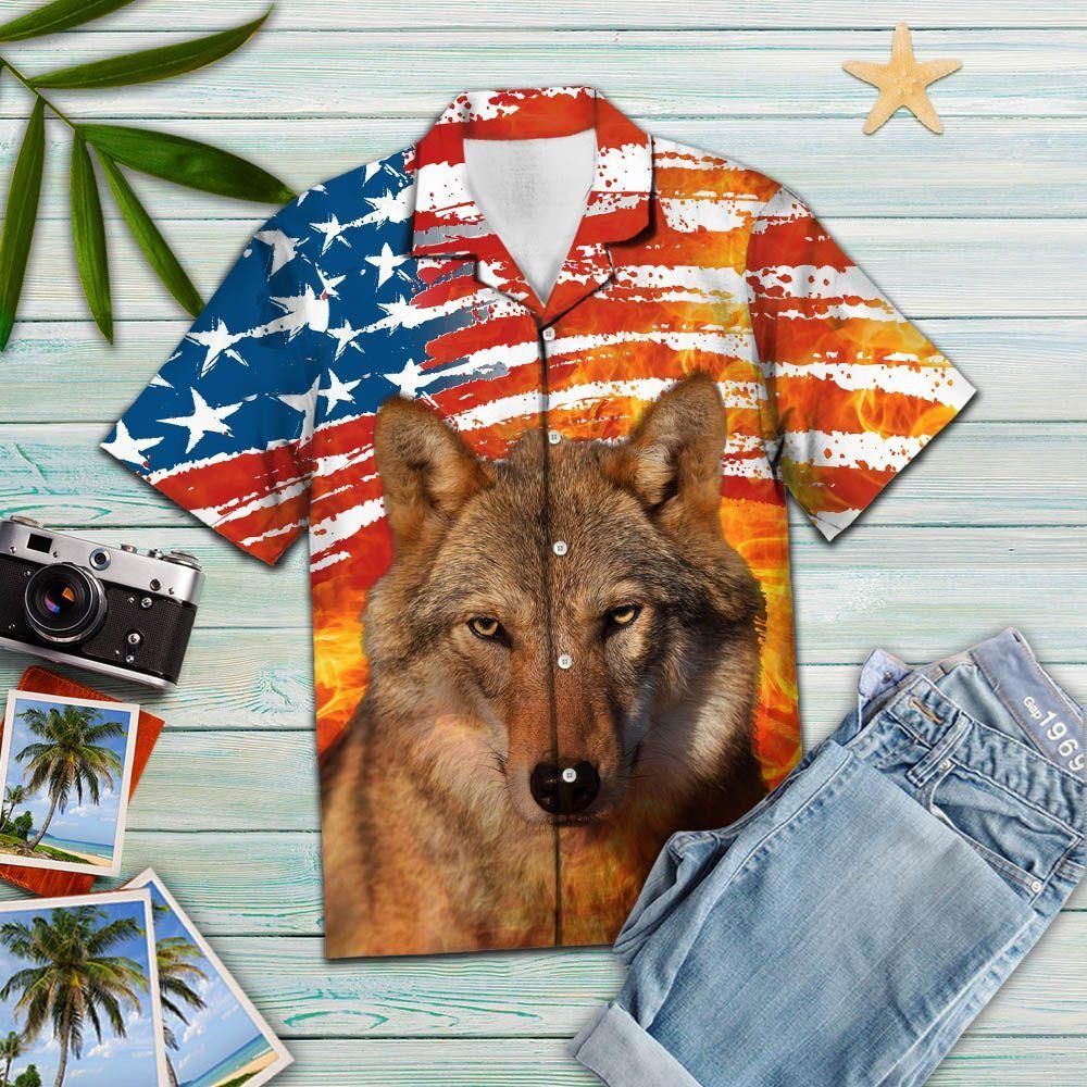 Wolf Usa Flag Aloha Hawaiian Shirt Colorful Short Sleeve Summer Beach Casual Shirt For Men And Women