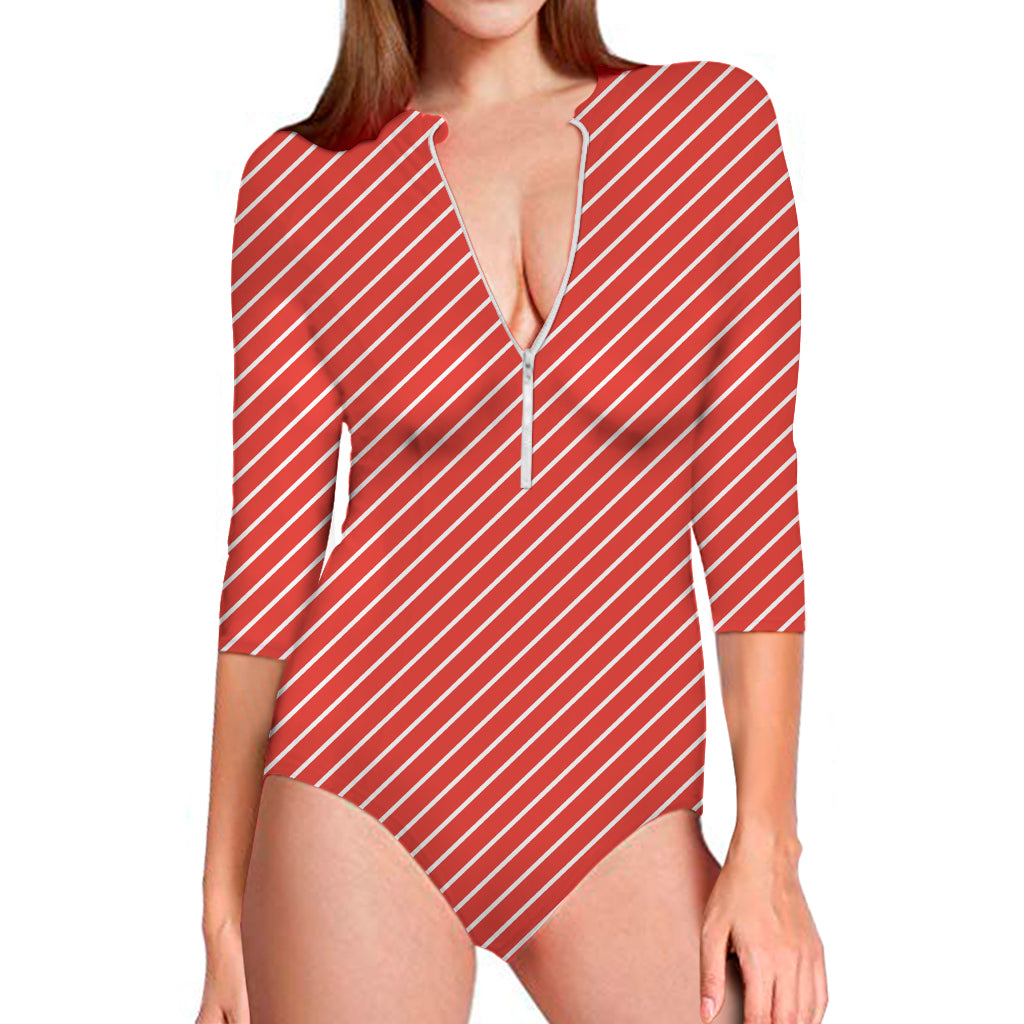 Candy Cane Striped Pattern Print Long Sleeve One Piece Swimsuit