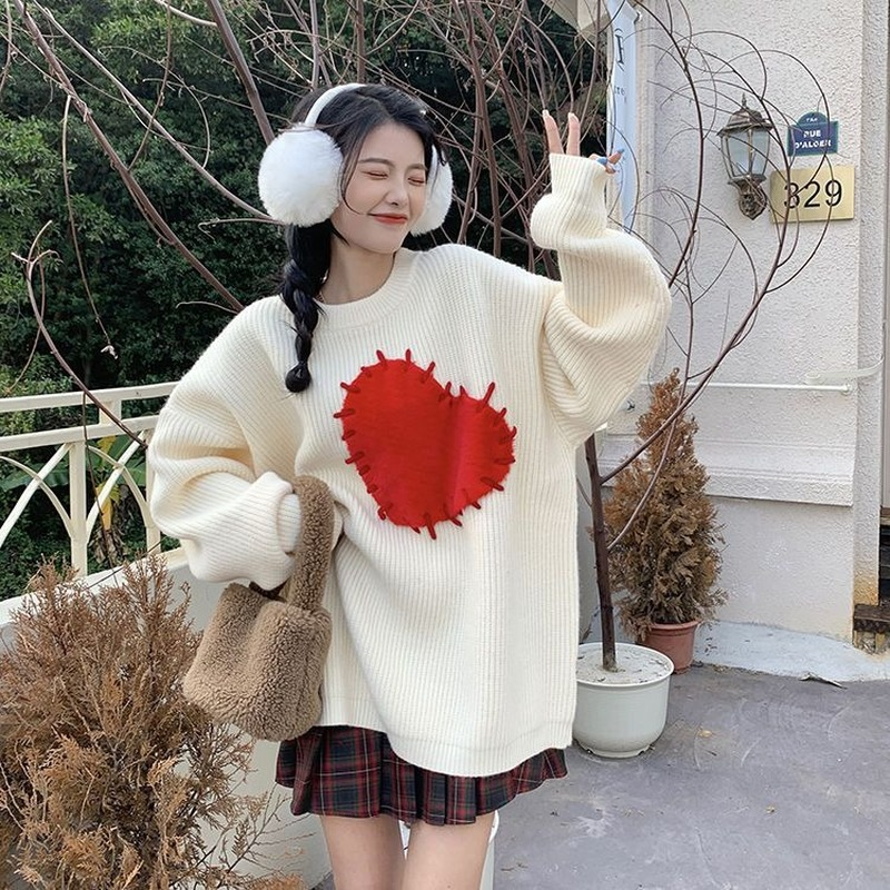 Autumn Winter New Sweaters Heart Graphic Patchwork Oversized Knitted Pullovers Casual Loose Lazy Style All Match Women Jumpers alx