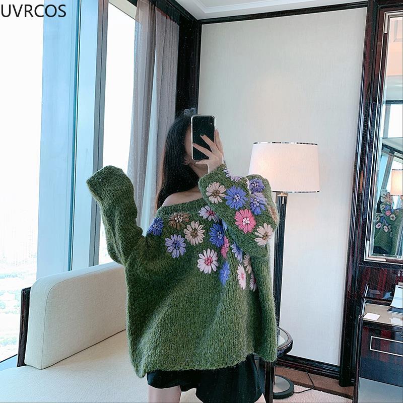 Autumn Woman Long Sleeve Pullovers Sweet Embroidery Flower Knitted Sweater Loose Womens Winter Clothing Gothic Korea Fashion New alx