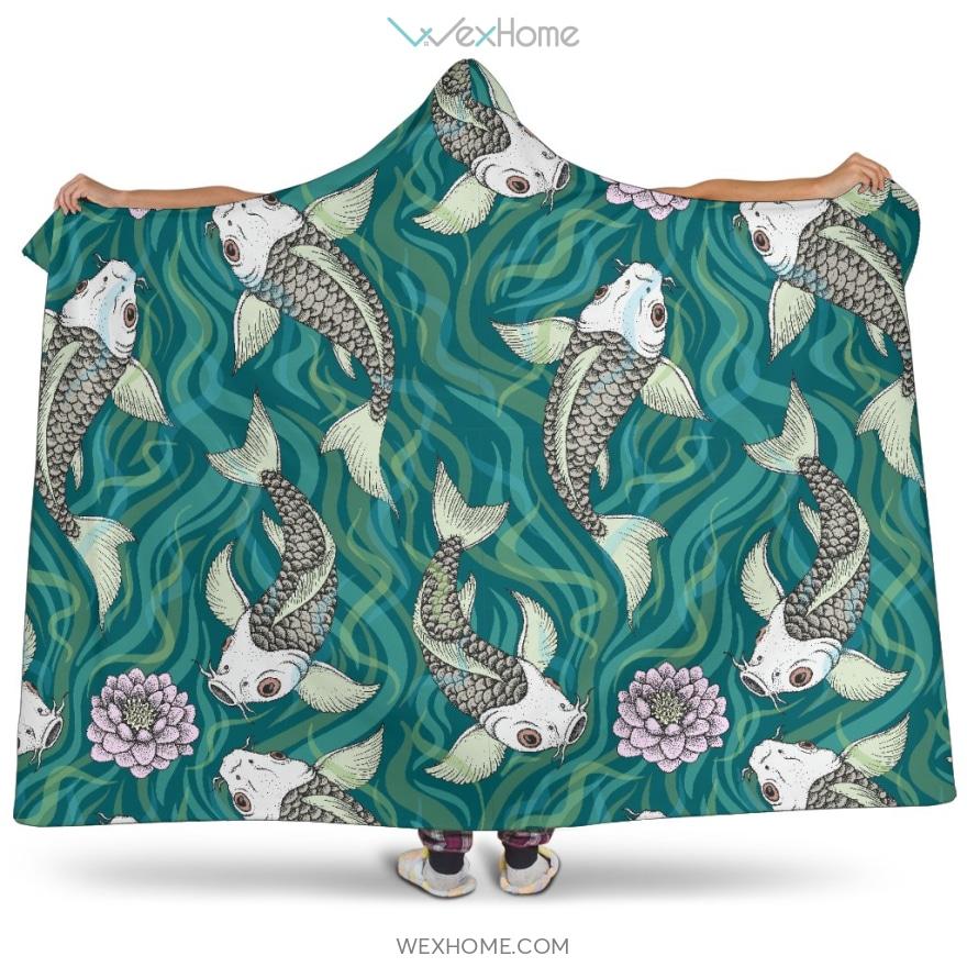 Koi Fish Carp Fish Lotus Pattern Hooded Blanket