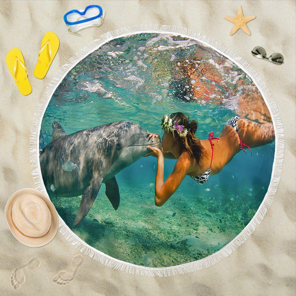 Dolphin Kiss Beach Blanket Round Beach