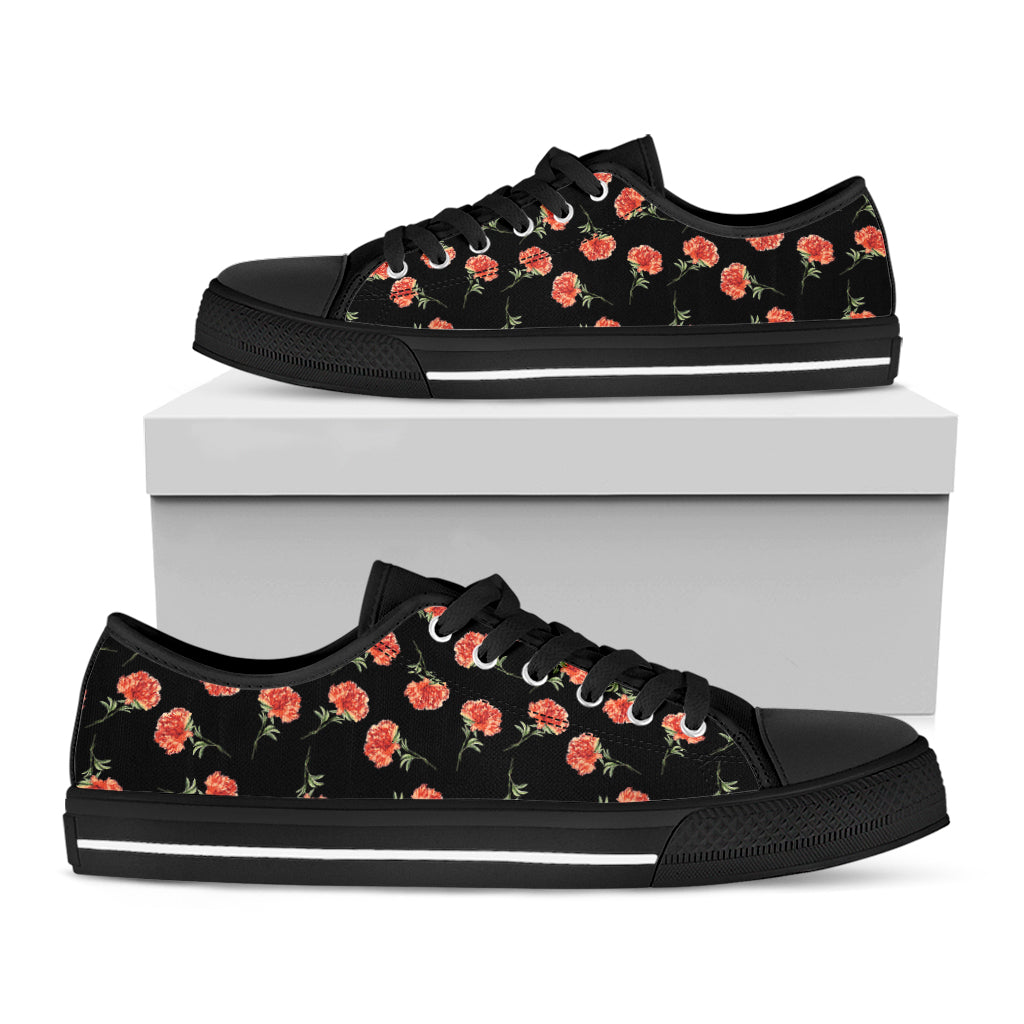 Watercolor Carnation Pattern Print Black Low Top Shoes