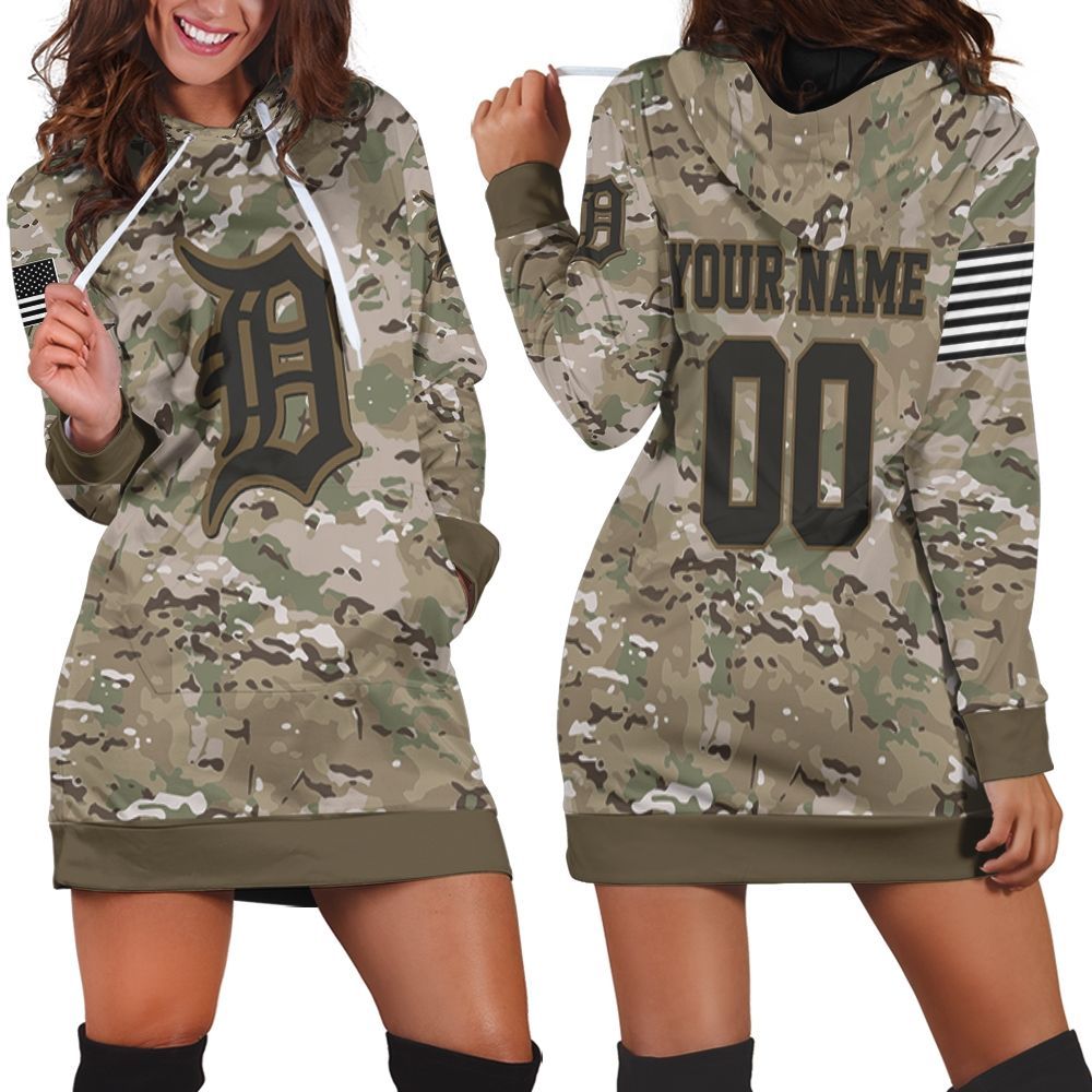 Detroit Tigers Camouflage Veteran Personalized Olive Hoodie Dress All-Over Print