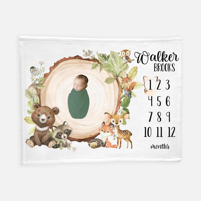 Woodland Milestone Blanket, Baby Boy Blanket, Raccoon Bear Deer Fox Blanket, Forest Animal Baby Gift, Newborn Blanket, Woodland Nursery W27