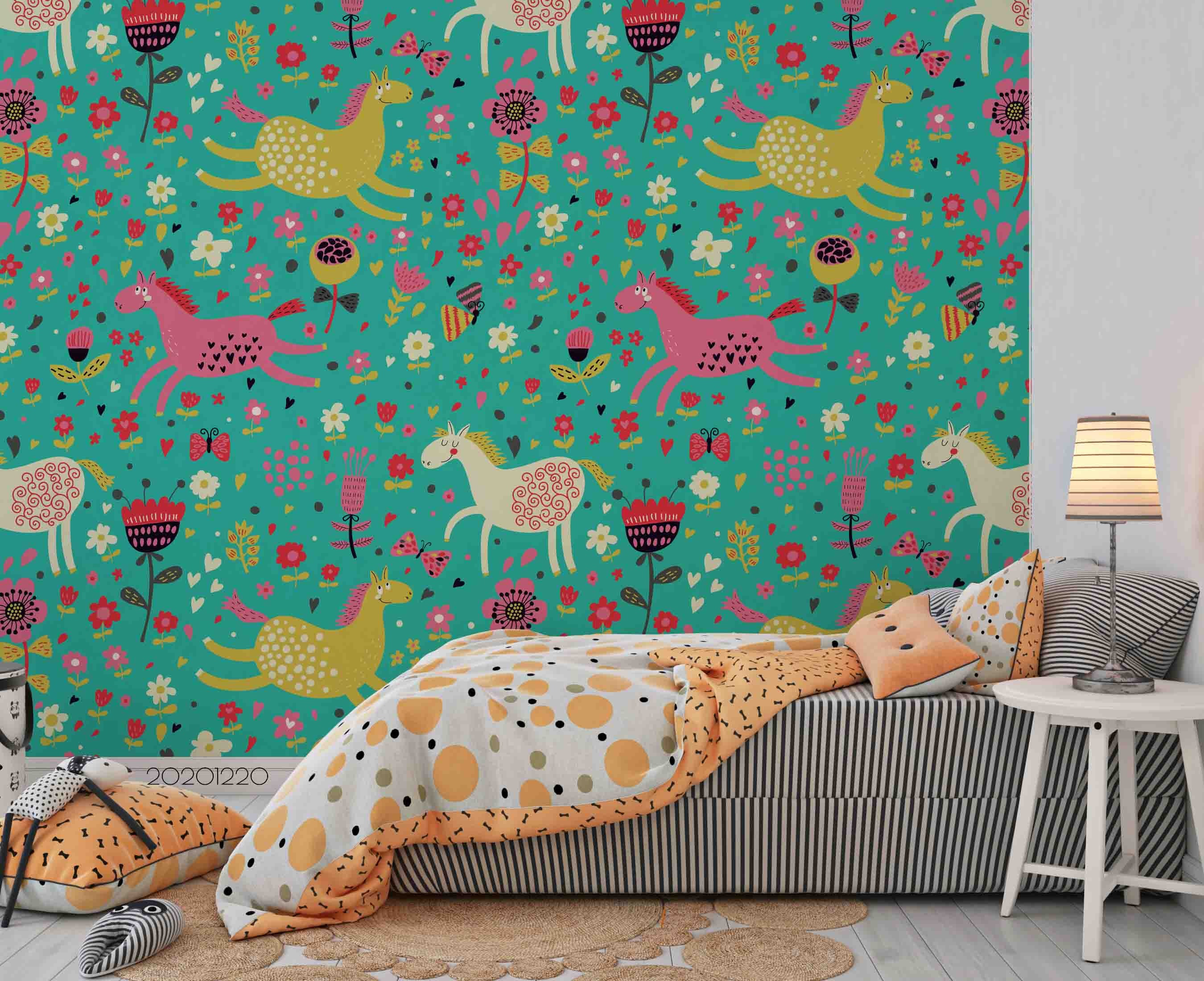 3D Hand Drawn Animal Unicorn Floral Green Wall Mural Wallpaper Lqh 100