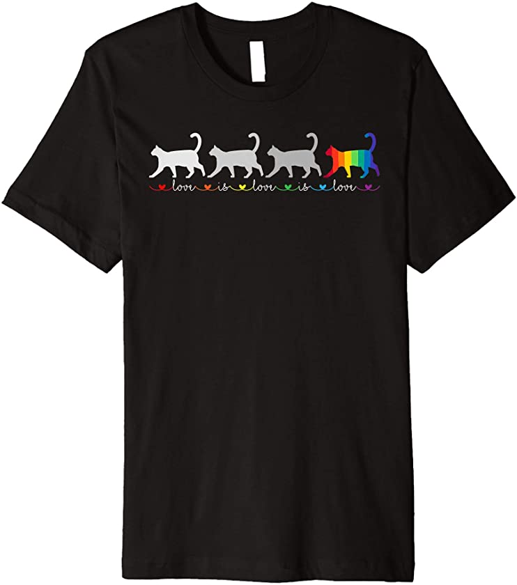 Love Is Love Is Love LGBTQ Rainbow Marching Cat Kitten Lover Premium T-Shirt