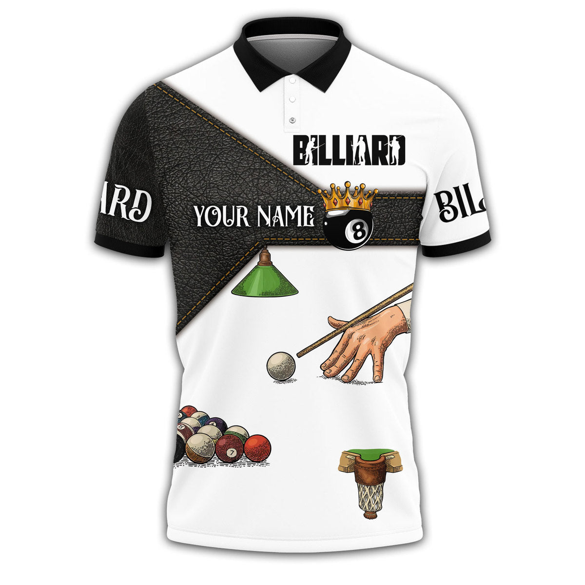 Personalized Black And White Leather Pool Table Billiard Polo Shirt, Idea Gift For Billiard