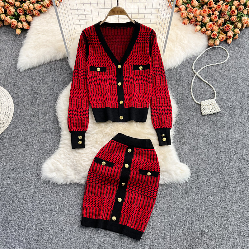 Women Knit Plaid Cardigan Skirts Two-piece Set Single Breasted Long Sleeve V-neck Woman Knitted Coats High Waist Skirt Suits alx