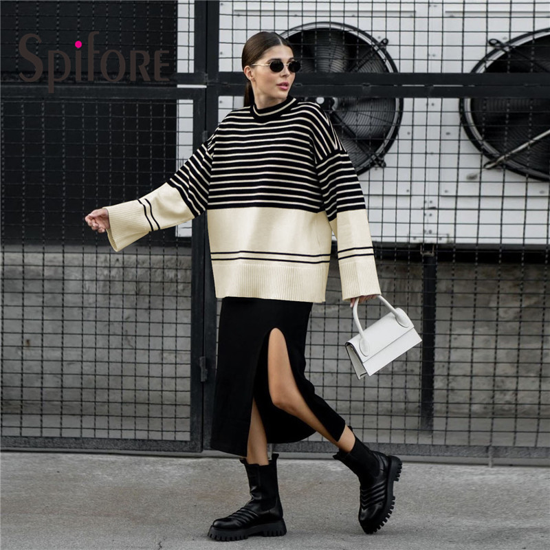 Spifore Fashion Streetwear Oversized Sweaters Women Knitted Striped Pullovers Loose Long Sleeve Casual Jumper Tops Winter 2022 alx