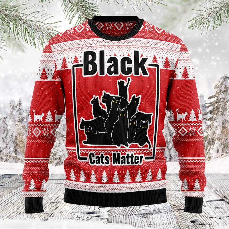 Black Cat Matter Ugly Christmas Sweater | For Men & Women | Adult | Us5904