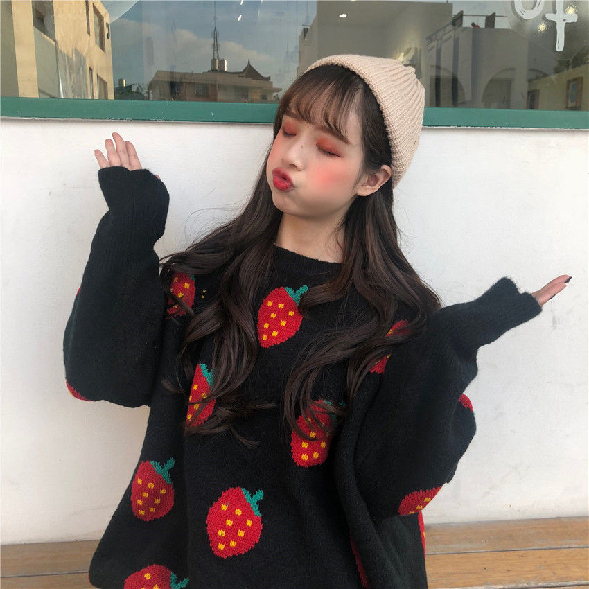 Sweaters Women Kawaii Strawberry Printed Girls Knitted High Quality Warm Thick Soft Sweet Girls Pullover All-match Loose 2XL HOT alx