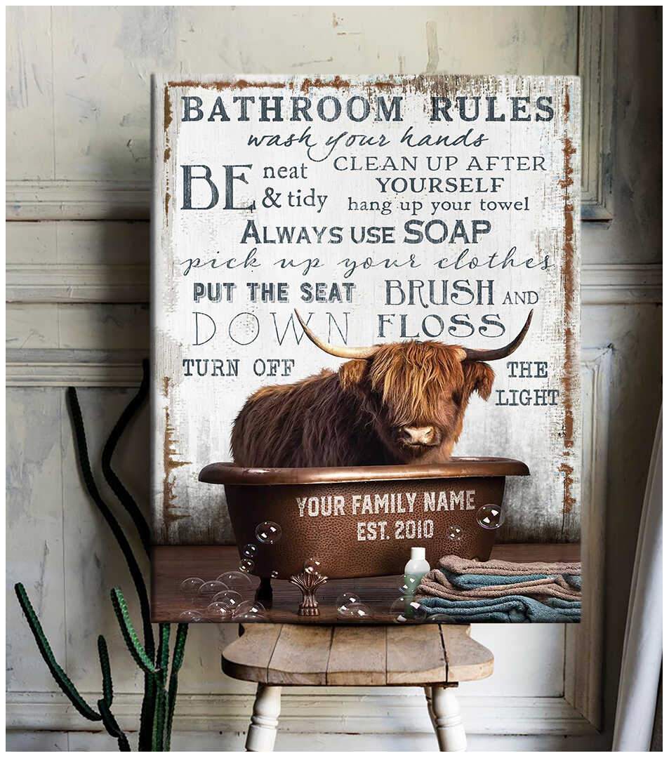 Custom Highland Cattle Cow In The Bathtub On Vintage Rustic Wood 