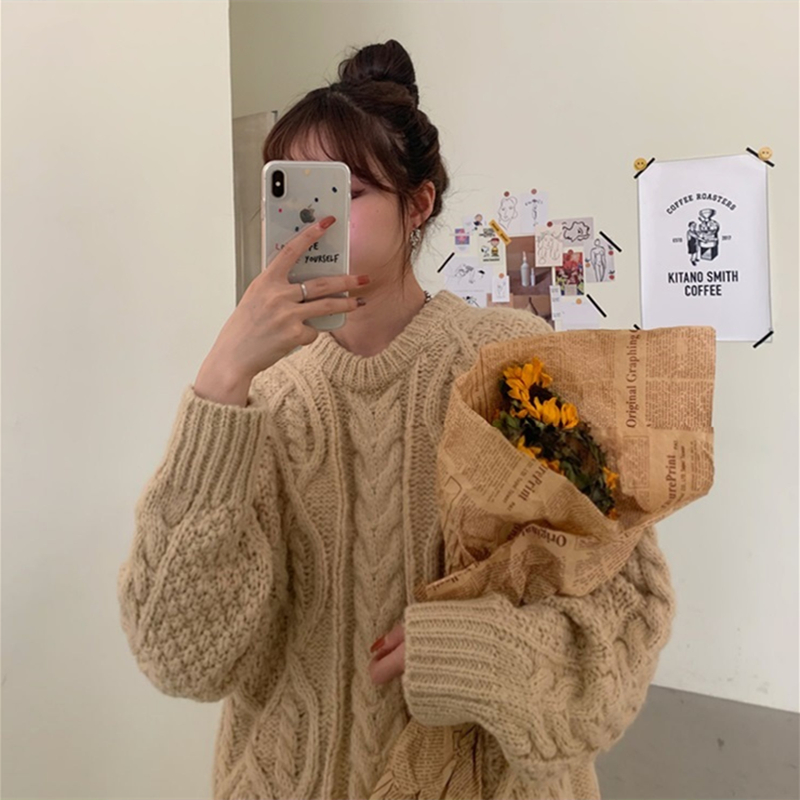 Women Vintage Red Knitting Sweater Round Neck Long Sleeves Casual Korean Fashion Lazy Thicken Baggy Ladies Sweater Tops Autumn alx