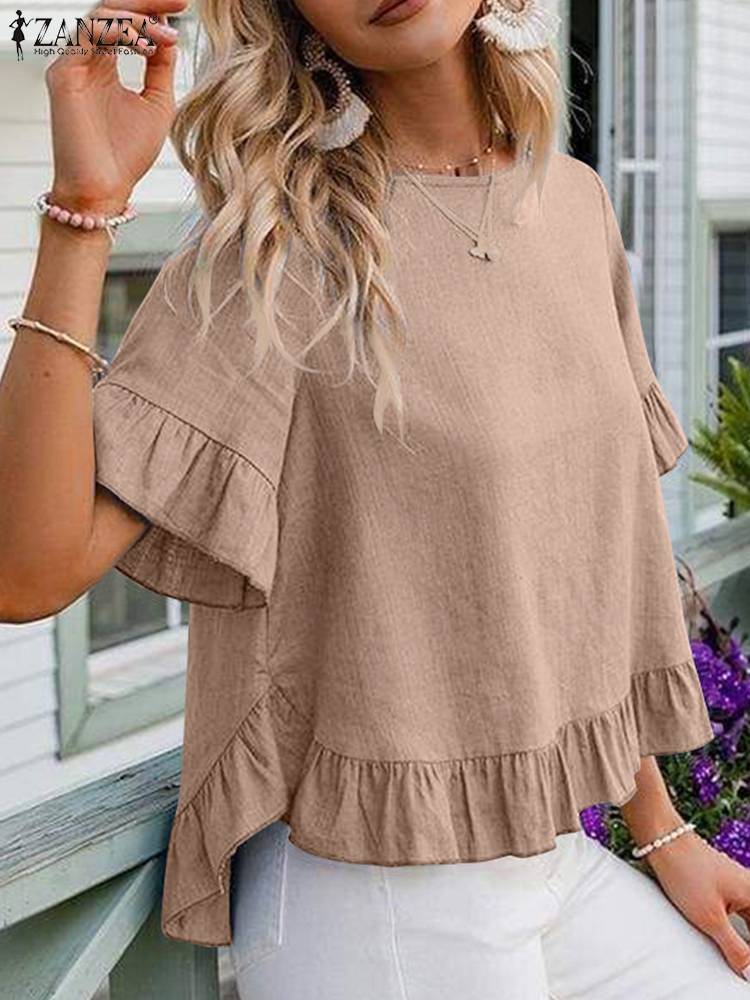 ZANZEA Fashion Woman Blouse Summer Half Sleeve O-Neck Buttons Solid Shirt Thin Holiday Elegant Casual Oversized Rayon Tops 2022 alx