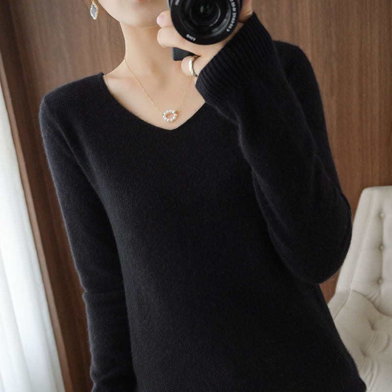 100% Pure Wool Cashmere Sweater Women V-neck Pullover Autumn /winter Casual Knit Tops Solid Color Regular Female Jacket Hot alx