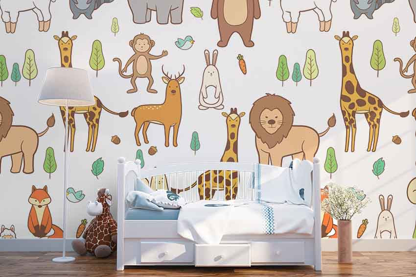 3D Color Cartoon Grassland Animals Lion Giraff  Monkey Wall Mural Wallpa 63