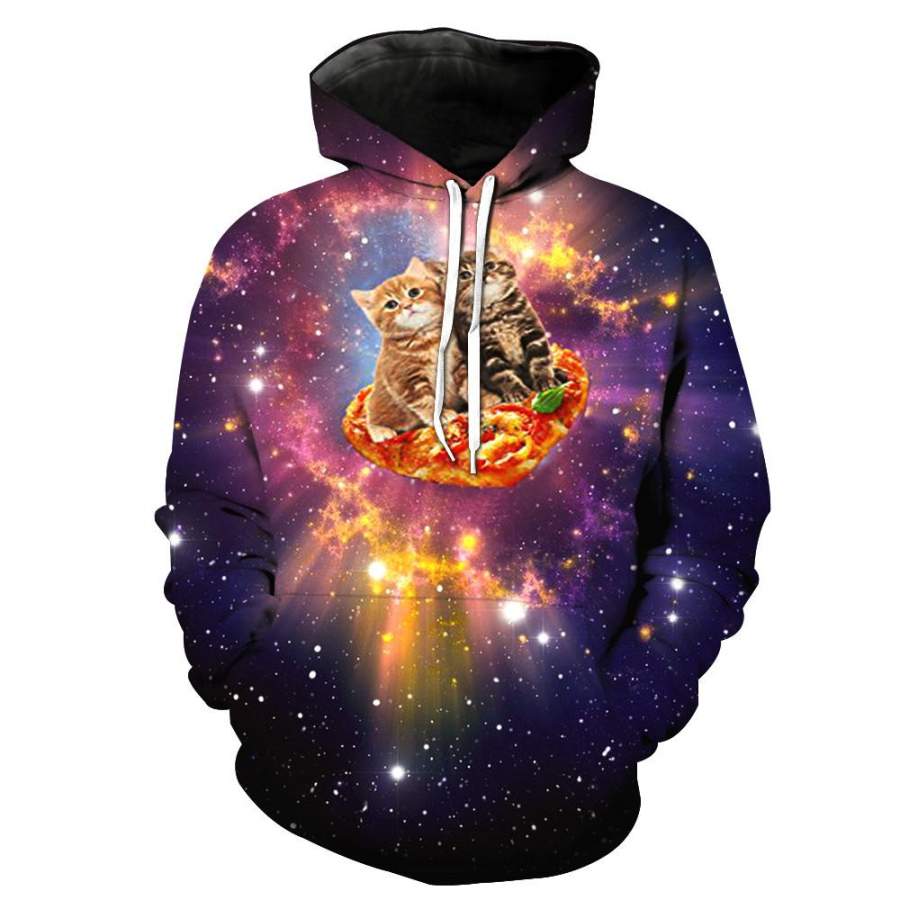 2 Kittens On A Pizza UFO In Space Hoodie