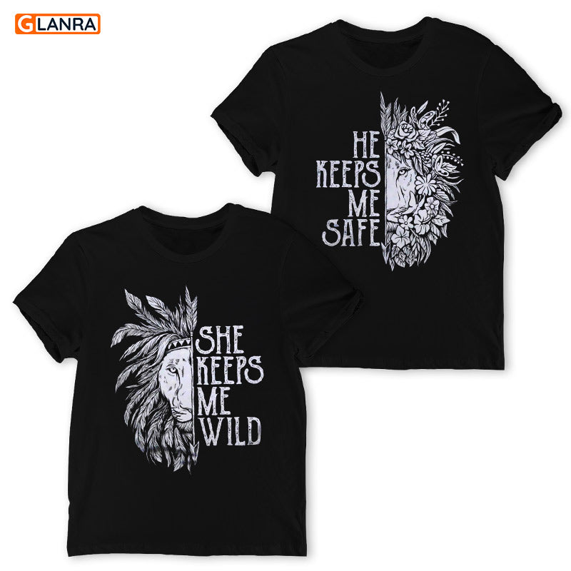 She Keeps Me Wild He Keeps Me Safe Shirt, Lion Couple Shirt, Couple Shirt, Husband Wife Shirt, Couple Shirt, T-Shirt, Tee