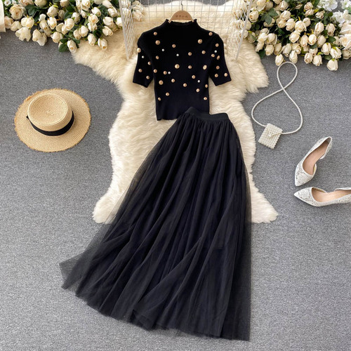 Spring Autumn Women Black Two Piece Set Vintage Stand Collar Short Sleeve Gold Buttons Knitted Tops + Mesh Long Skirt Suit New alx