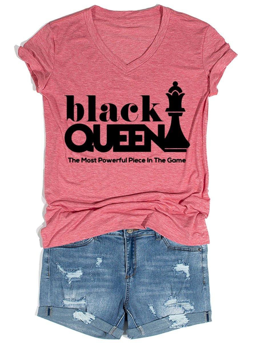 Women’S Black Queen Relaxed Fit V-Neck T-Shirt