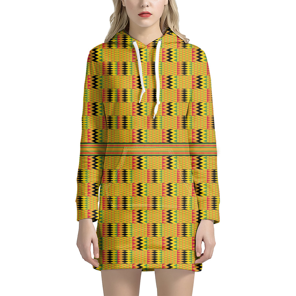 Yellow Kente Pattern Print Women’S Pullover Hoodie Dress