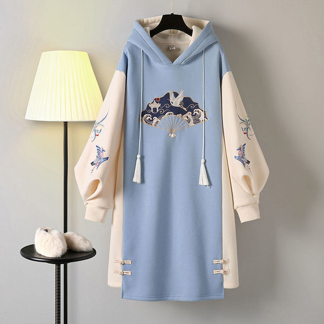 Chinese Style Hoodies Stitching Vestido Cheongsam Oversized Embroidery Sweatshirt Dress Spring Women Buckle Thick Dresses alx