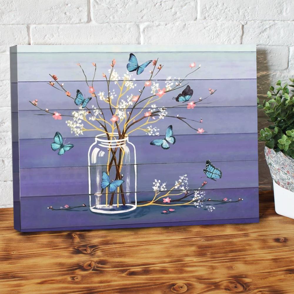 Blue Butterfly Flying Purple Spring Flower Vase Wall Matte Canvas