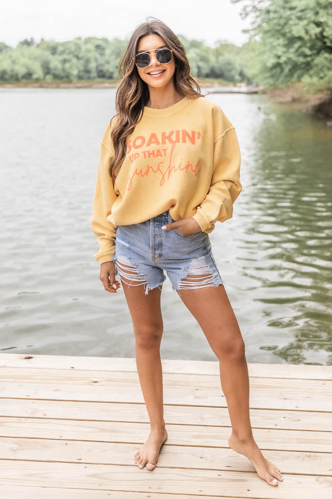 Soakin’ Up That Sunshine Gold Corded Graphic Sweatshirt