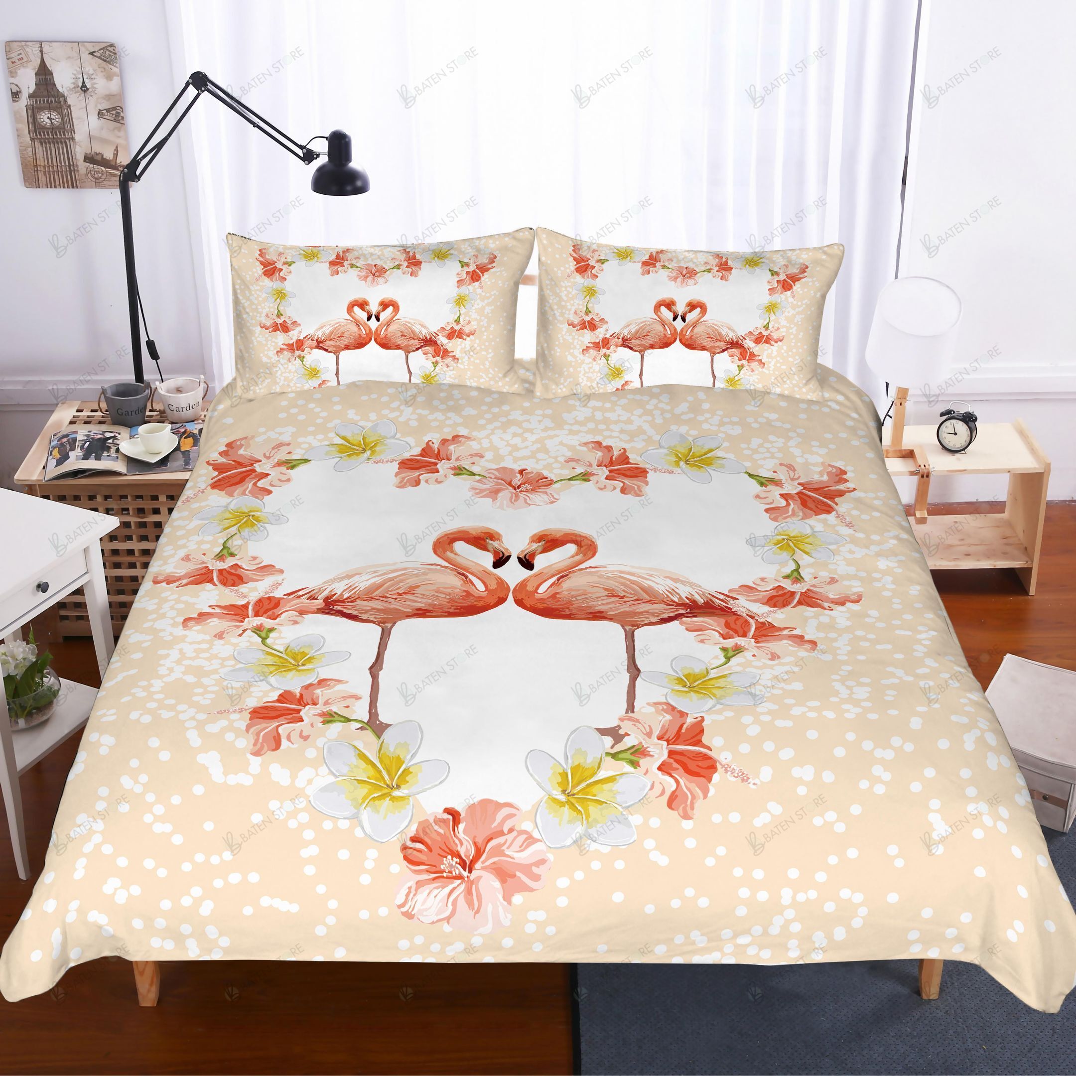 3D Flamingo Love Flower Bedding Set Bedroom Decor