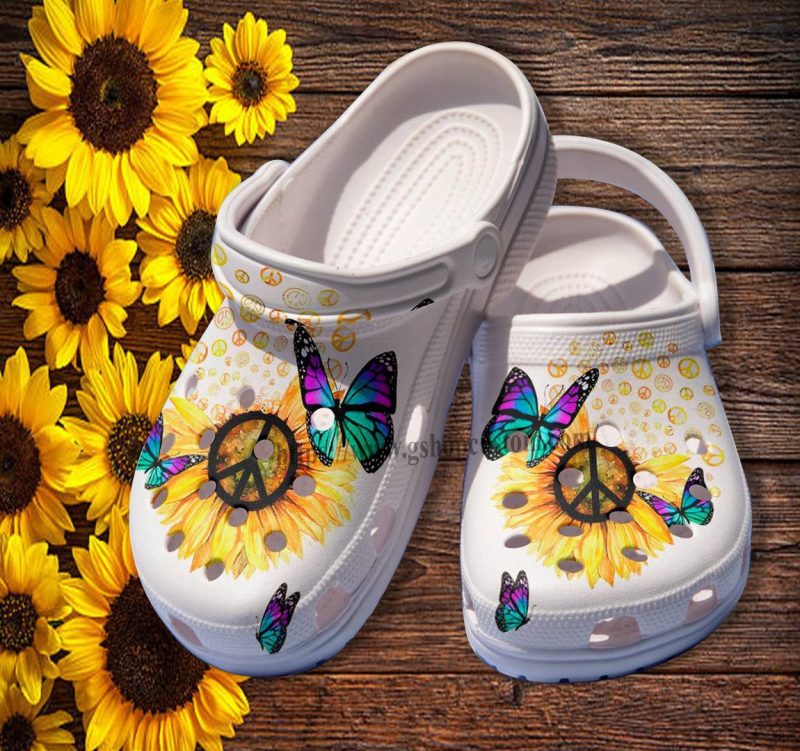 Butterfly Sunflower Peace Croc Shoes Gift Grandma- Sunflower Hippie Peace Shoes Croc Clogs Customize Gift