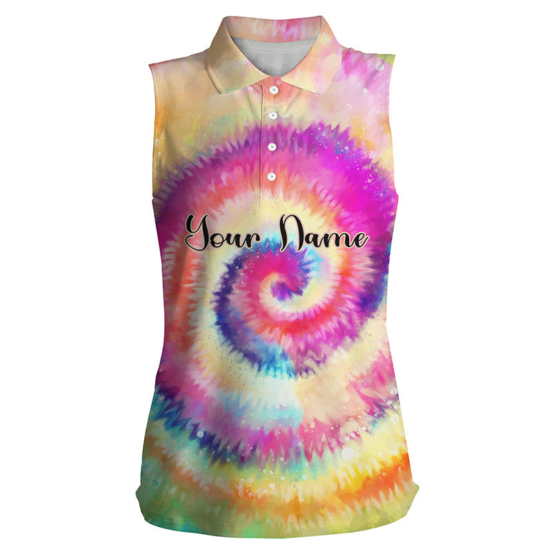 Womens Sleeveless Polo Shirts Rainbow Tie Dye Background Custom Name Golf Shirt, Golfing Gift