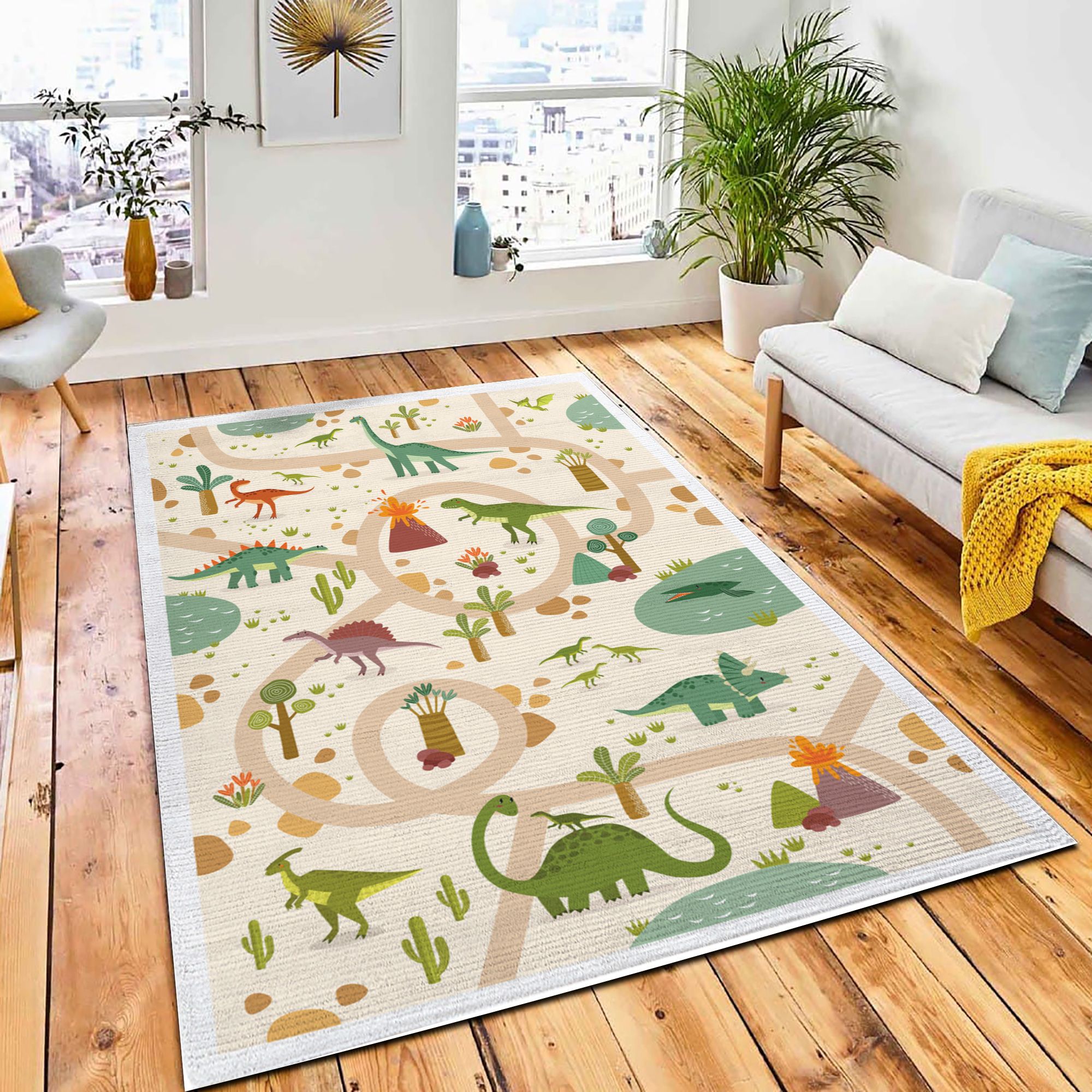 Vector Tropical Maze Dinosaurs Jurassic Area Carpet Rug Nursery Rug Home Decor