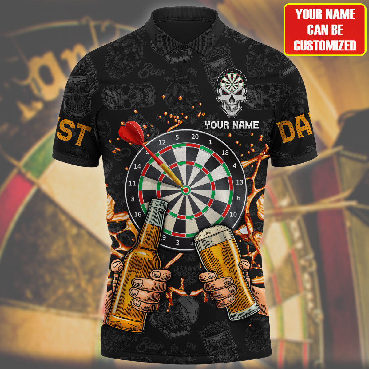 Personalized Name Yellow Darts Player All Over Printed Polo Shirt, Dart And Beer Shirt For Men