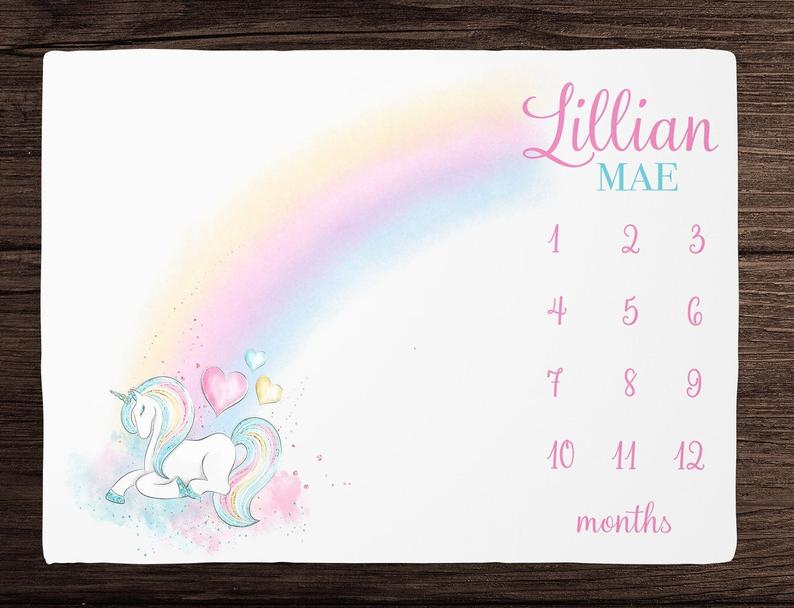 Unicorn Milestone Blanket Girl, Rainbow Baby Blanket Monthly Growth Blanket, Personalized Baby Girl Blanket ,Custom Baby Shower Gift