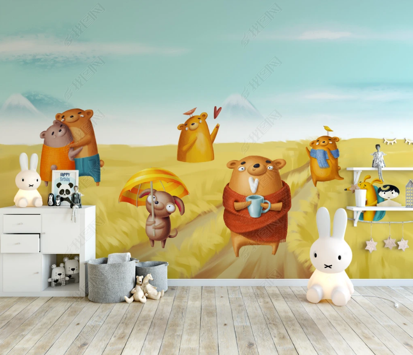 3D Cartoon Wheatfield Animal Cute Wall Mural Wallpaper Lqh 129