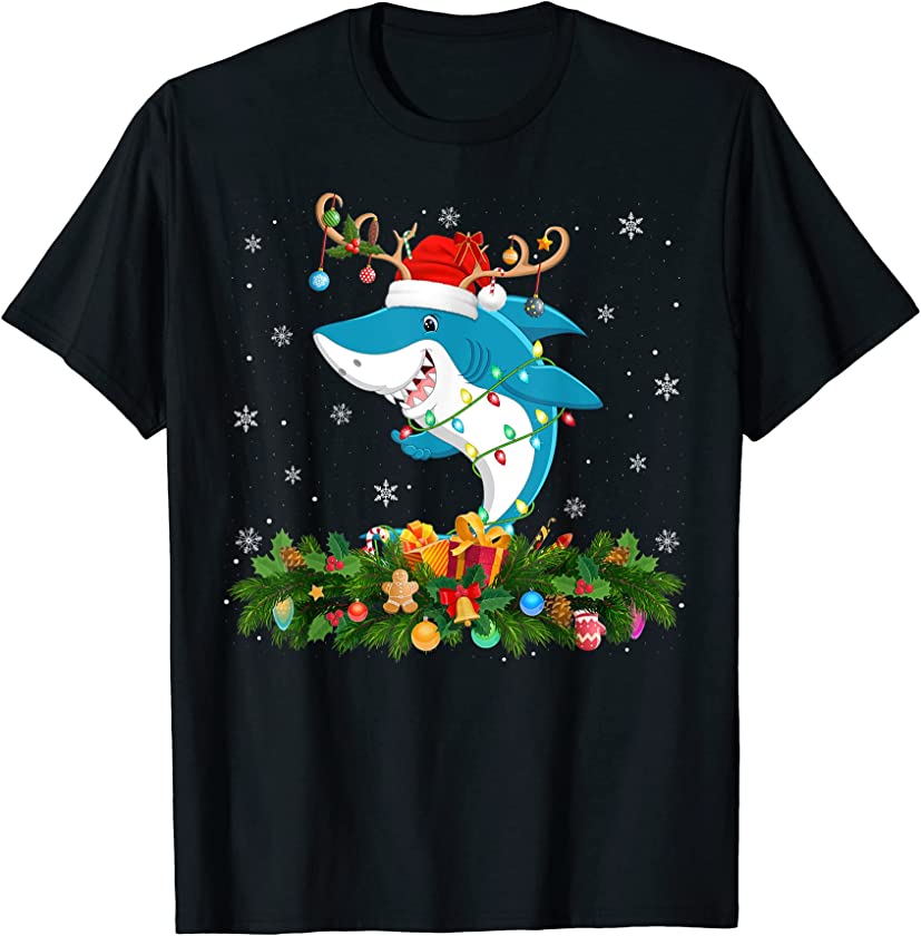 Xmas Holiday Reindeer Hat Santa Shark Fish Christmas T-Shirt