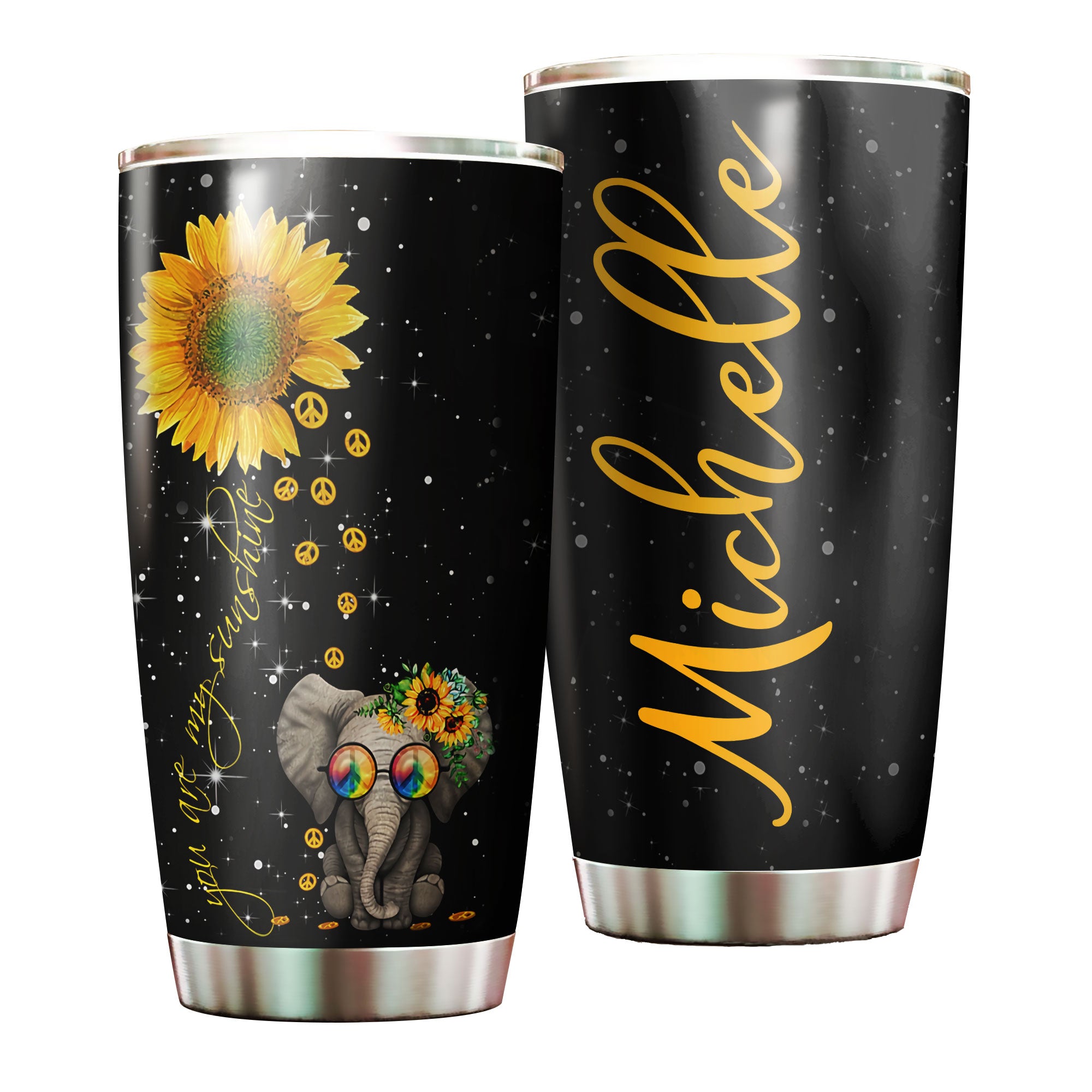 Personalized Cute Elephant And Sunflower Stainless Steel Tumbler-Double-Walled Insulated Cup With Lid Travel Mug