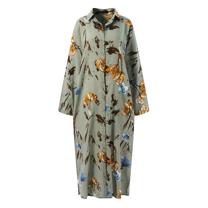 ZANZEA Oversized Spring Vintage Women Floral Shirt Dress Robe Femme Buttons Maxi Vestido Lapel Neck Long Sleeve Printed Sundress alx