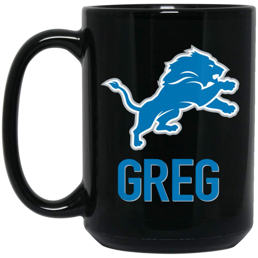 Personalized Detroit Lions Logo Mug Blue-Silver Greg BM15OZ 15 oz. Black Mug