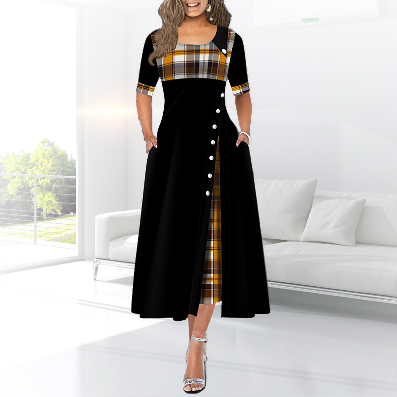 Summer New Plaid Printed Spliced Round Neck Dresses Women’s Clothing Elegant Streetwear Short Sleeve Fashion High Waist Dress alx