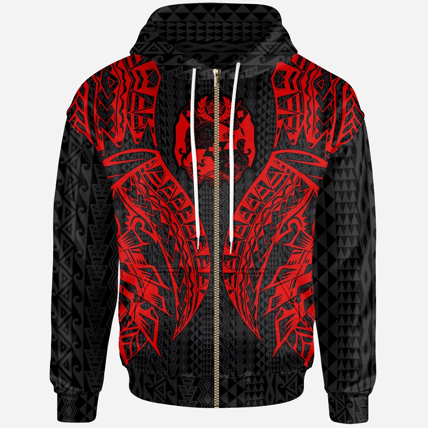 Tonga Zip-Up Hoodie – Polynesian Lion Head Red Style – Pacific Print Hoodie