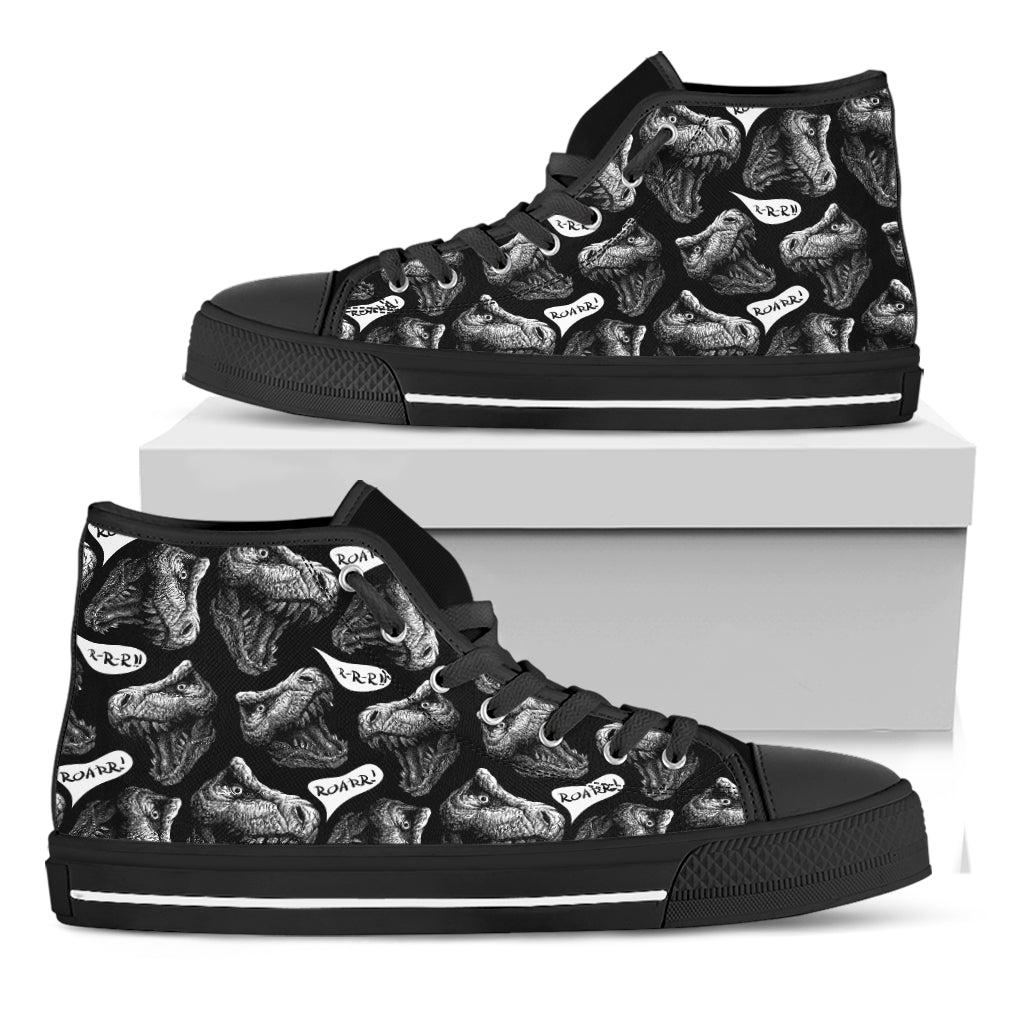 Black And White T-Rex Dinosaur Print Black High Top Shoes