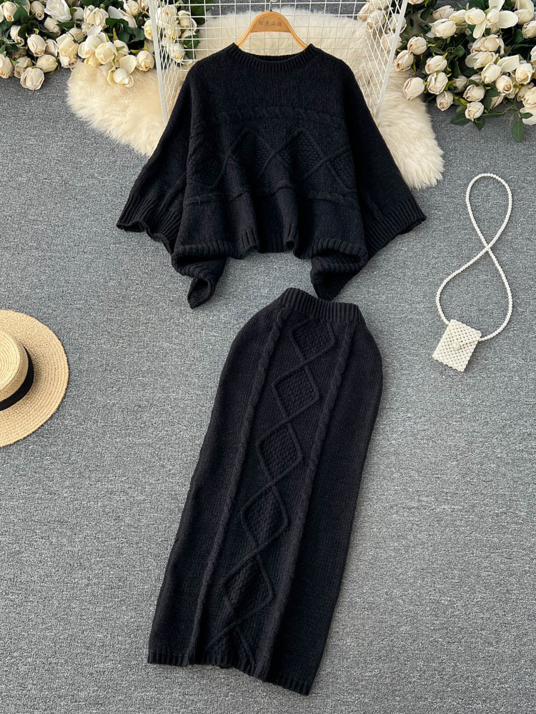 Women O Neck Loose Twist Batwing Sleeve Sweater Two Piece Sets 2022 Women’s Autumn Winter High Waist Knitted Skirt Suits alx