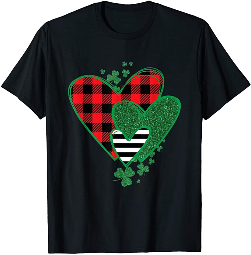 Women’s Shamrock Heart Leopard Plaid St Patrick’s Day T-Shirt