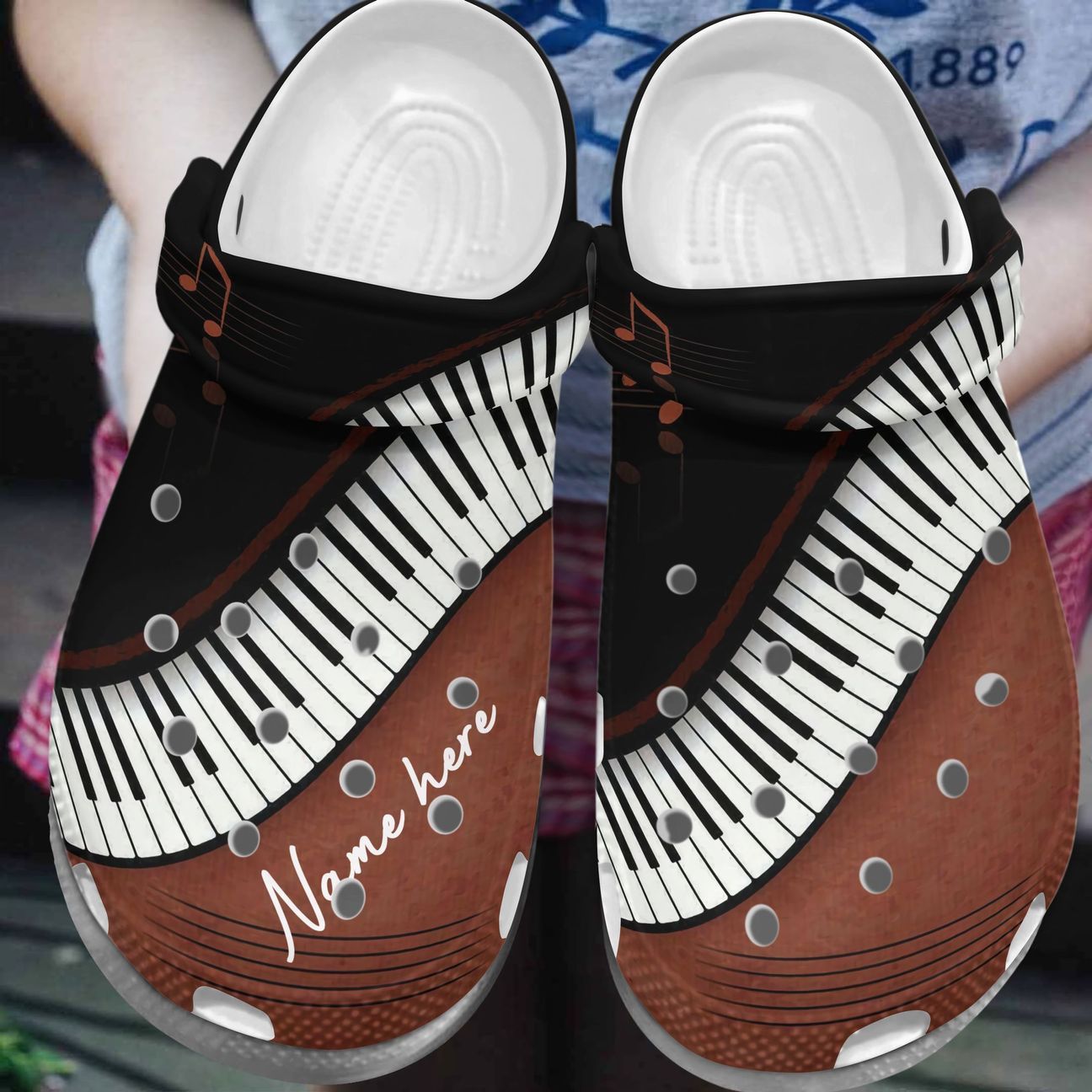 Piano Personalized Clog, Custom Name, Text, Color, Number Fashion Style For Women, Men, Kid, Print 3D Brown Piano Keyboard