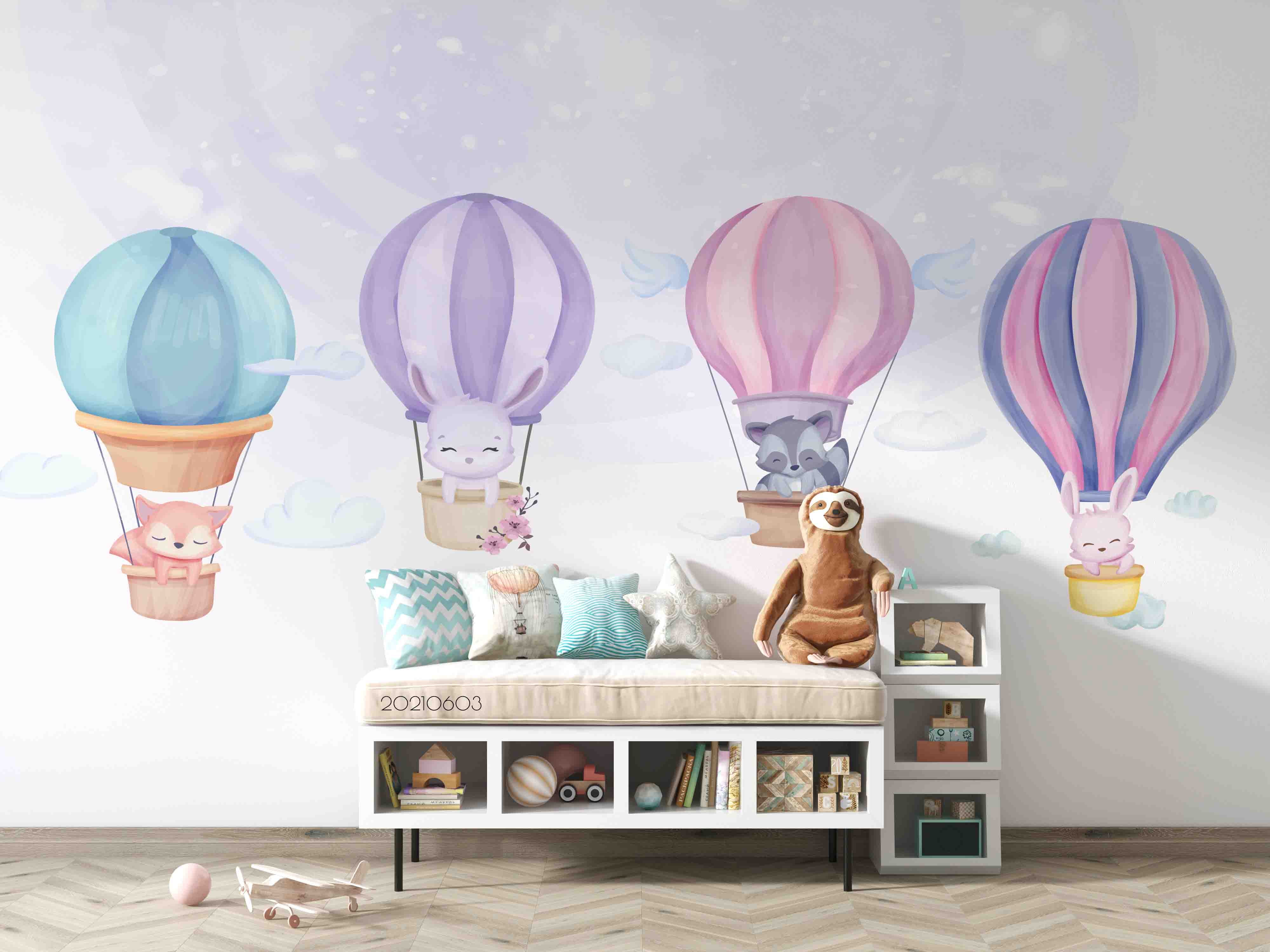 3D Baby  Animal Cute Cartoon Air Balloon Wall Mural Wallpaper Sww562